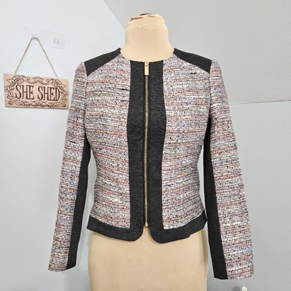 Vince Camuto Color Block Gray Purple Tweed Front Zip Blazer Suit Jacket 8P